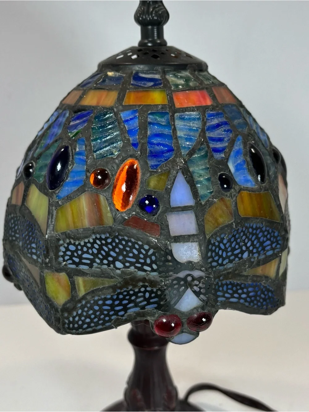 Tiffany Style Stained Glass Lamp Dragonfly Table Boudoir Vintage 12” Cottagecore
